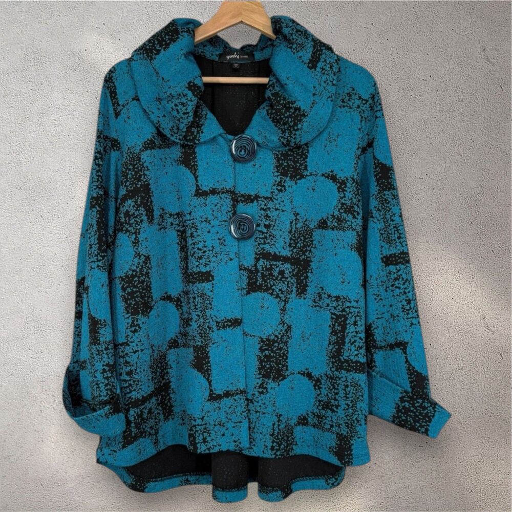 Yushi Tunic Blouse Button Lagenlook Artsy Art to Wear Womens Size L Blue Black